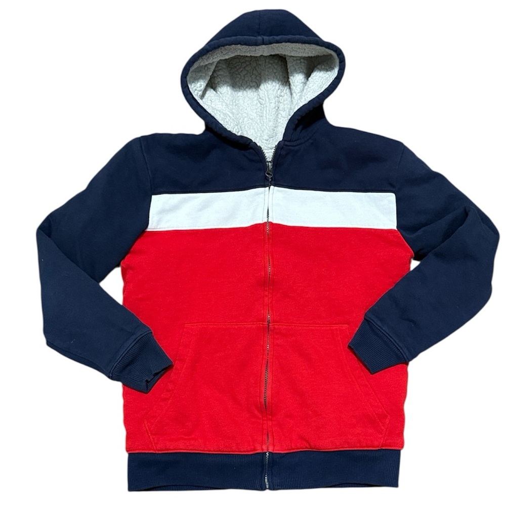 Red and Navy Colorblock Sherpa Hoodie